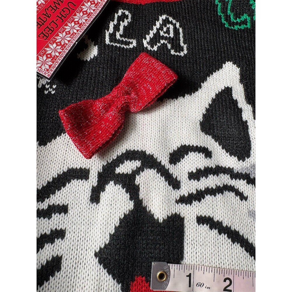 Ugh-Lee Sweater Womens Plus 2X Black Christmas Cat LA LA Shimmer Knit - Picture 8 of 11